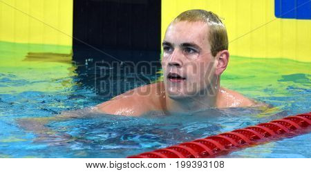 Hong Kong China - Oct 30 2016. Olympian and World Youth gold medalist Peter BERNEK (HUN) after the Men's Backstroke 200m Preliminary Heat. FINA Swimming World Cup Victoria Park