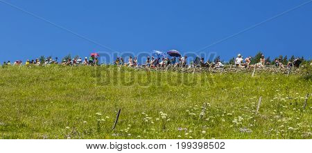 Col de PeyresourdeFrance- July 23 2014: Cycling fans are waiting for the peloton on a green on the road to Col de Peyresourde in Pyrenees Mountains during the stage 17 of Le Tour de France on 23 July 2014.