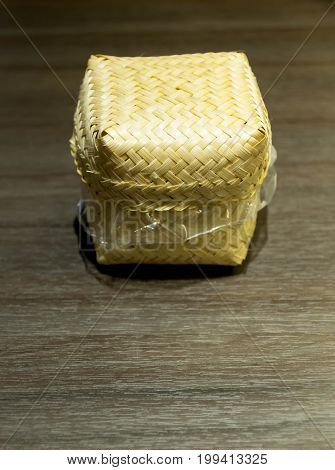 a box for sticky rice at restaurant