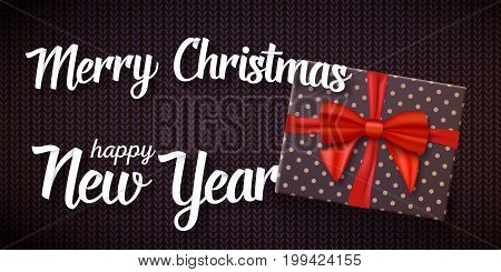 Illustration of Marry Christmas Greeting Card. Vector Realistic Gift Box with Red Ribbon on Kneeted Pattern with Marry Christmas and Happy New Year Paper Lettering