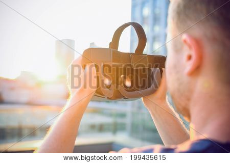 Vr Goggles. Man Ready To Wear Virtual Reality Goggles. The Vr Headset Design Is Generic And No Logos
