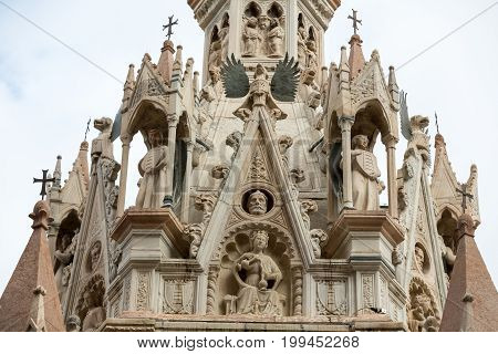 The tomb of Cansignorio one of five gothic Scaliger Tombs or Arche Scaligeri in Verona Italy