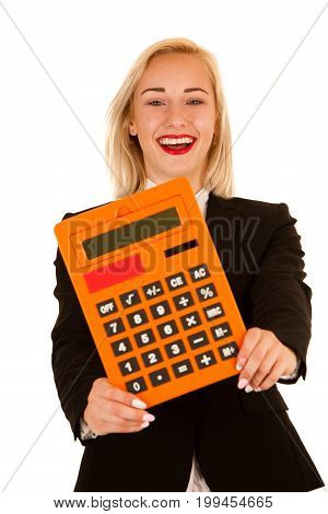 Attractive Accountant - Beautiful Blonde Business Woman Hlding A Calculator Isolated Over White