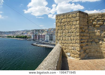 views of Naples and the promenade of Naples from the height Castel dell'Ovo in good weather, Naples, southern Italy