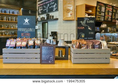 SAINT PETERSBURG, RUSSIA - CIRCA AUGUST, 2017: coffee on display at Starbucks coffee shop. Starbucks Corporation is an American coffee company and coffeehouse chain.