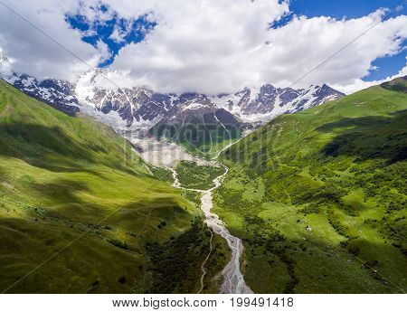 Aerial view of Shkhara Glacier. Upper Svaneti, Georgia. Caucasus mountains.