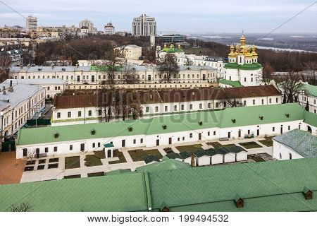 Kiev, Ukraine. Cupolas of Pechersk Lavra Monastery and river Dniepr panoramic city view
