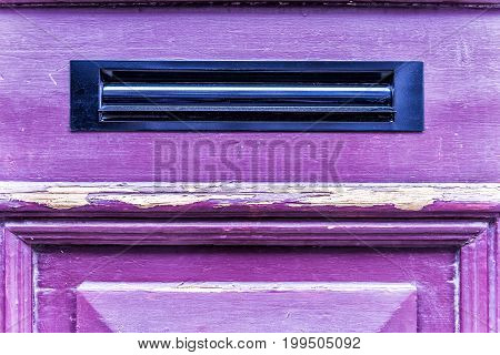 Vintage Metal Mail Slot In Door With Painted Purple Wood