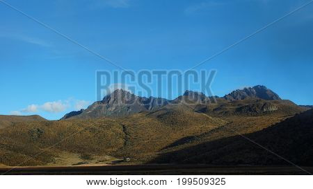 View of the Ruminahui volcano inside the Cotopaxi National Park on a clear morning - Ecuador
