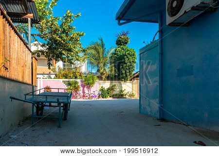 Wide angle picture of of common sand street with colorful houses and local trees in Maafushi Maldives