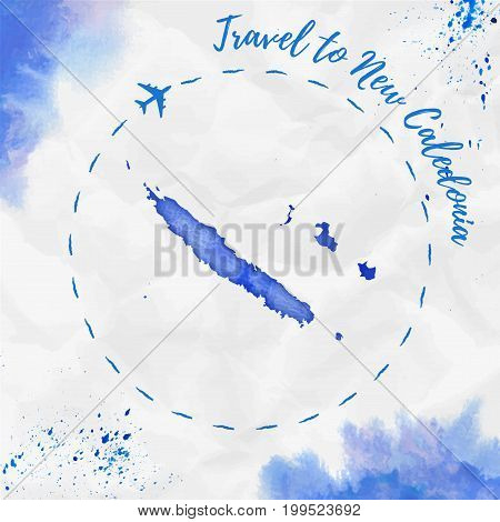 New Caledonia Watercolor Map In Blue Colors. Travel To New Caledonia Poster With Airplane Trace And