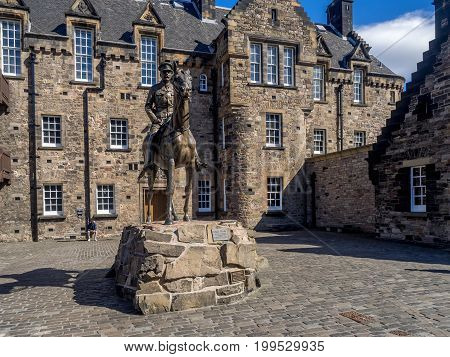 EDINBURGH, SCOTLAND - JULY 29: the equestrian statue of the Field Marshal Earl Haig in Edinburgh castle July 29, 2017 in Edinburgh Scotland. Located outside the Scottish War Museum.