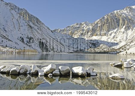 Convict Lake in winter near Mammoth Lakes CA.