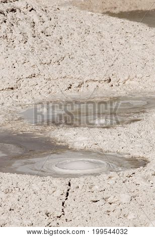 Bubbling mudpot in the Fountain Paint Pots of Yellowstone National Park, Wyoming