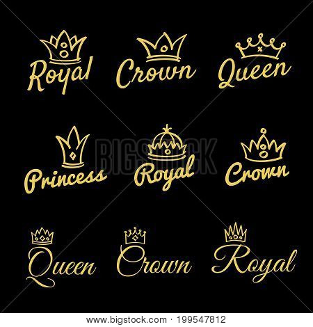 Sketch queen crowns and hand drawn princess diadem vector beauty and fashion shopping logo set. Princess and crown, king and queen fashionable. Vector illustration