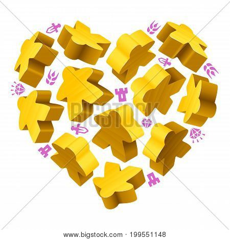 Vector game pieces in the shape of heart. Yellow wooden meeples and resources counter icons isolated on white background. Concept of love by board games