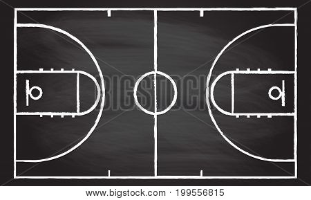 Basketball court isolated on blackboard texture with chalk rubbed background. Vector illustration.