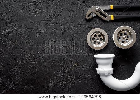 concept plumbing work top view on dark background.