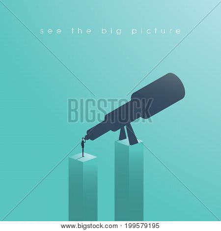 Vision concept in business with vector icon of businessman and telescope, monocular. See the big picture. Symbol leadership, strategy, mission, objectives. Eps10 vector illustration.