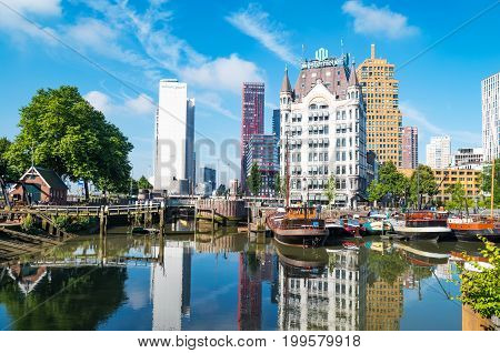Rotterdam The Nederlands - July 18 2016: The Wijnhaven canal area with the Art Nouveau style White House palace