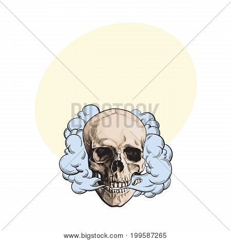 Smoke coming out of fleshless skull, death, mortal habit concept, sketch style vector illustration with space for text. Hand drawn smoking skull emitting clouds of smoke
