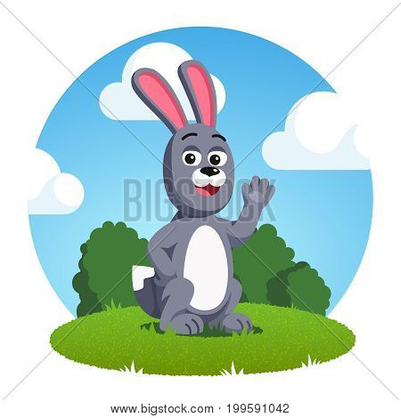 Smiling grey rabbit with big ears waving hand. Cartoon bunny animal sitting outside on the green grass. Flat style vector illustration isolated on white background.