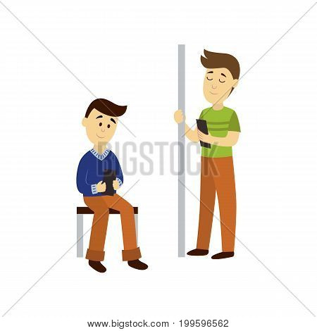 vector adult man reads the book staying on public transport bench and holding the handrail, another man sits reading book background. Bus subway underground transport characters set concept design