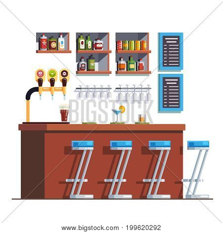 Pub interior with counter, stools, alcohol drinks and glass bottles. Restaurant decoration and furniture. Beer tap pump on bar stand. Flat style vector illustration isolated on white background.