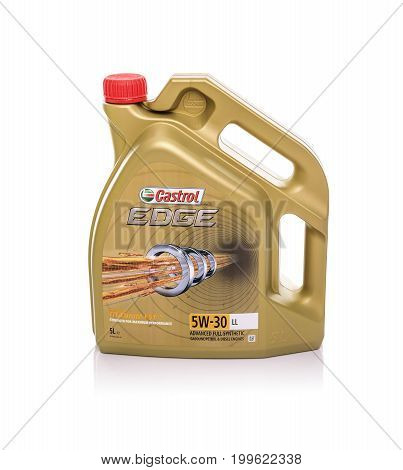 UZHGOROD, UKRAINE - AUGUST 14, 2017: Engine oil Castrol Edge on a white background. Studio photo.
