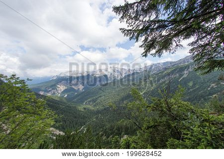 View of the mountain chain wetterstein in the bavarian alps