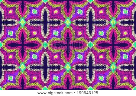 Embroidery pattern. Tribal ornament. Ethnic style. Fabric embroidery effect texture. Boho fashion. Traditional textile. Vector seamless pattern for fashion design interior or printed products.