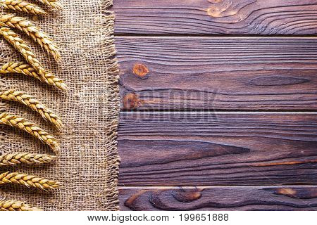 Wheat ears border on old burlap background