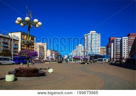 Belarus Minsk modern architecture Vera Khoruzhey street against the blue sky July 30 2017 editorial