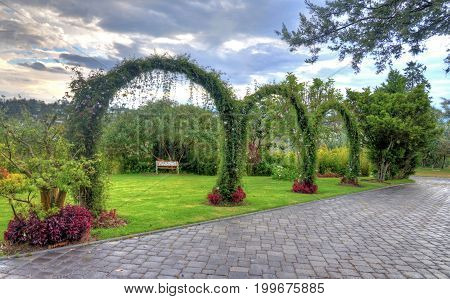 Public park with a beautiful garden made with flowers, trees, plant arches, benches and stone floors. Outskirts of Quito, Pichincha, Ecuador.