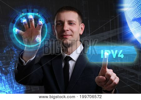 Business, Technology, Internet And Network Concept. Young Businessman Working On A Virtual Screen Of