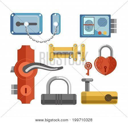 Locks with metal chain, fingerprint scanner, solid latch, convenient handle and red heart-shaped with key for premises protection isolated cartoon vector illustrations set on white background.