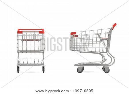 3d rendering of a shopping cart with a red handle in front and side view on white background. Sales and promotions. Grocery shop and supermarket. Going shopping.
