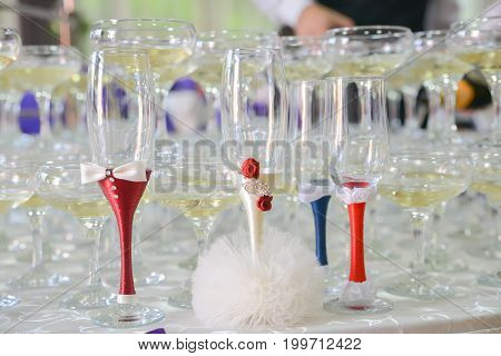 Restaurant champagne glasses arrangements for wedding reception