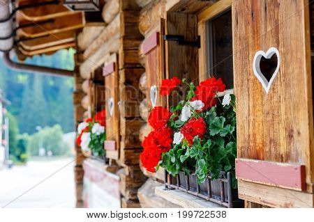 Typical bavarian or austrian wooden window with red geranium flowers on house in Austria or Germany.