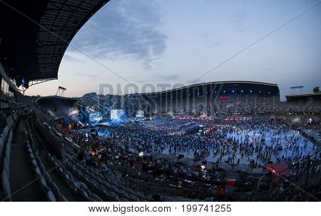 Cluj-Napoca, Romania - August 3, 2017:   Crowd having fun at a MO, a Danish singer and songwriter,  live concert at Untold Festival, one of the major music festival of Europe