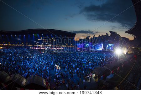 Cluj-Napoca, Romania - August 3, 2017:   Crowd having fun at a MO, a Danish singer and songwriter,  live concert at Untold Festival, one of the major music festival of Europe