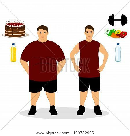 Thin and fat. Proper nutrition. From fat to thin. Before and after. Healthy Lifestyle. The guy becomes thin. Isolated objects. Vector illustration.