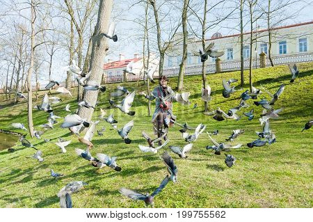 A girl in a gray coat runs through a flock of pigeons on the lawn on a sunny day