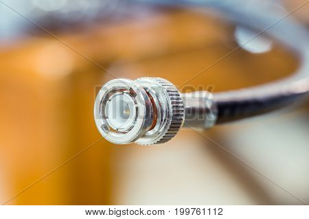 Closeup Head Of Cctv Cable Rg6 Rgb Tv Coaxial Type To Recording Device