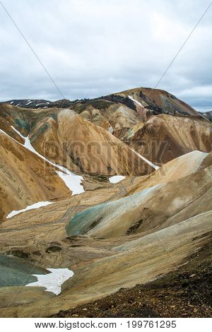 View on the beautifully colored mountain, volcano Blahnukur, Iceland.