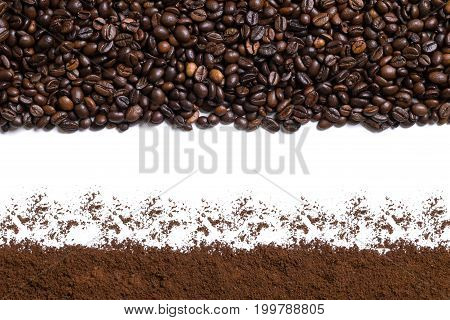 White background with coffee beans and ground coffee on below and above. View from above with space for text. Still life. Mock-up. Flat lay