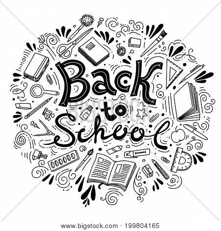 Stationery collection. Outline style. Back to school thin line vector doodle illustration template isolated on white background. Sketchy vector concepts with stationery for graphic design, web banner and printed materials. Back to school. Writing material