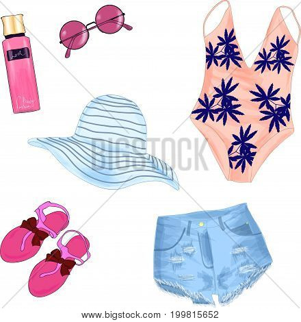 Fashionable beach outfit. A set of summer women's clothes and accessories. Sketch. Vector illustration.