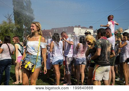 Odessa, Ukraine - August 5, 2017: Water Festival. Party Wet. Hands And Happy People Crowd Partying U