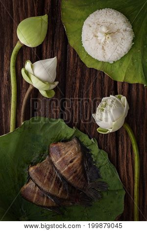 Thai Food Rice And Dried Salted Damsel Fish Fried With Flower Lotus Jasmine Decoration On Wooden Bac